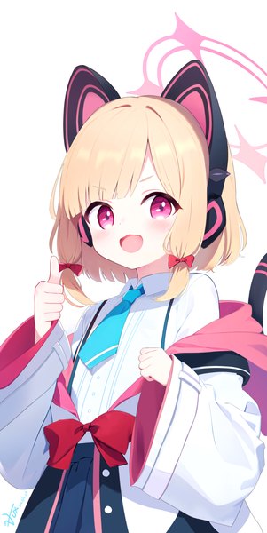 Anime picture 1447x2889 with blue archive momoi (blue archive) zcx single tall image looking at viewer short hair open mouth simple background blonde hair white background upper body :d pink eyes loli tress ribbon thumbs up girl bow hair bow