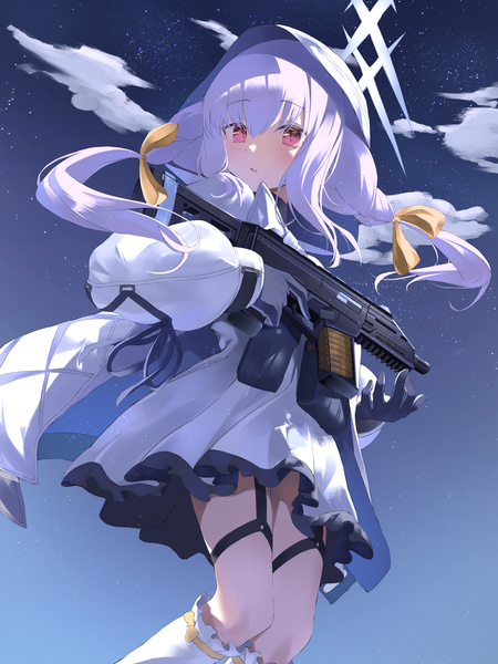 Anime picture 3000x4000 with blue archive atsuko (blue archive) heimu (heim kstr) single tall image fringe highres hair between eyes standing purple hair outdoors braid (braids) pink eyes night from below night sky twin braids girl ribbon (ribbons) weapon
