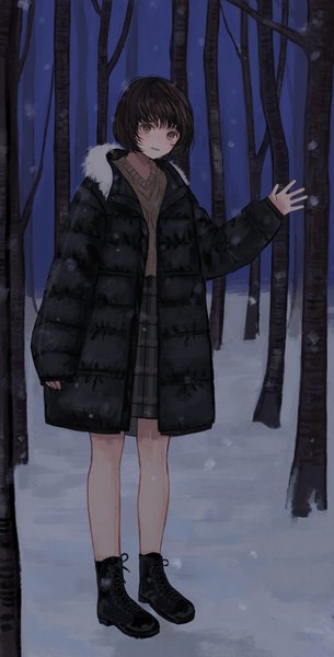 Anime picture 1752x3445 with original maoyasumisumi single tall image looking at viewer blush fringe highres short hair open mouth black hair standing brown eyes full body night open jacket fur trim tears plaid skirt snowing