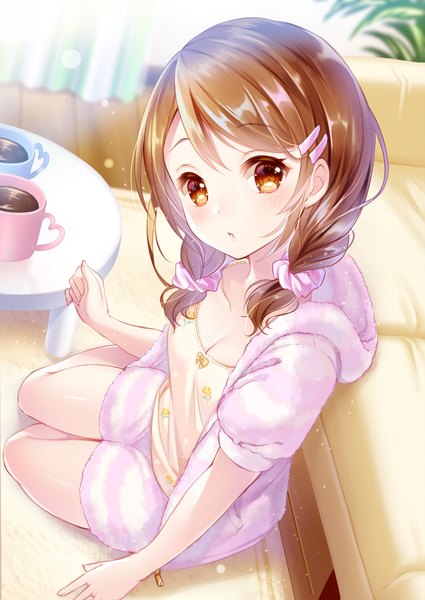 Anime picture 752x1062 with original koyama sao single long hair tall image looking at viewer blush fringe breasts brown hair sitting twintails brown eyes cleavage indoors parted lips head tilt open clothes arm support short sleeves