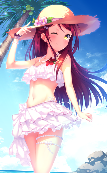 Anime picture 1037x1678 with love live! sunshine!! sunrise (studio) love live! sakurauchi riko kyouou ena single long hair tall image blush fringe breasts light erotic smile standing yellow eyes looking away sky cloud (clouds) outdoors red hair