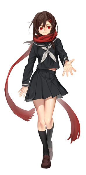 Anime picture 800x1623 with kagerou project shaft (studio) tateyama ayano kangmoro single long hair tall image looking at viewer fringe simple background smile hair between eyes red eyes brown hair white background full body outstretched hand walking girl uniform