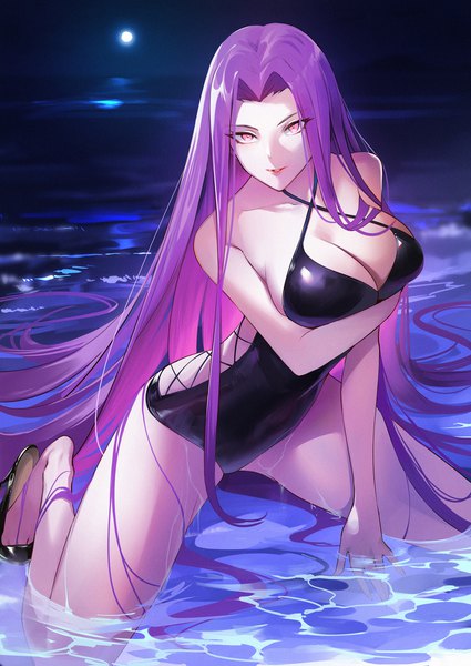 Anime picture 1360x1920 with fate (series) fate/stay night rider nr noir single tall image looking at viewer fringe breasts light erotic large breasts purple eyes cleavage purple hair full body outdoors very long hair parted lips light smile night