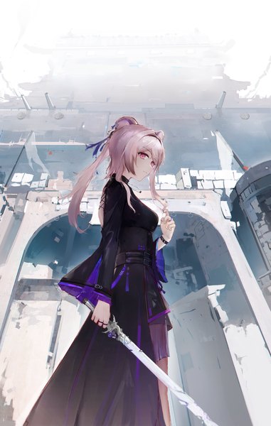 Anime picture 3144x4950 with arknights lin yuhsia (arknights) hxhln single long hair tall image fringe highres breasts standing purple eyes holding animal ears pink hair absurdres outdoors ponytail long sleeves wide sleeves from below