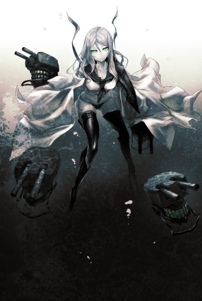 Anime picture 1680x2500 with kantai collection ta-class battleship huke single long hair tall image looking at viewer light erotic green eyes white hair teeth girl underwear panties weapon gun thigh boots cape sailor suit monster