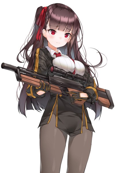 Anime picture 1414x2000 with girls frontline wa2000 (girls frontline) lee seok ho single long hair tall image looking at viewer blush fringe breasts light erotic simple background red eyes brown hair standing white background holding blunt bangs braid (braids) one side up