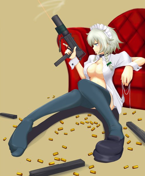 Anime picture 1650x2000 with touhou izayoi sakuya single tall image short hair breasts blue eyes light erotic sitting white hair braid (braids) open clothes open shirt twin braids girl thighhighs ribbon (ribbons) weapon black thighhighs hair ribbon