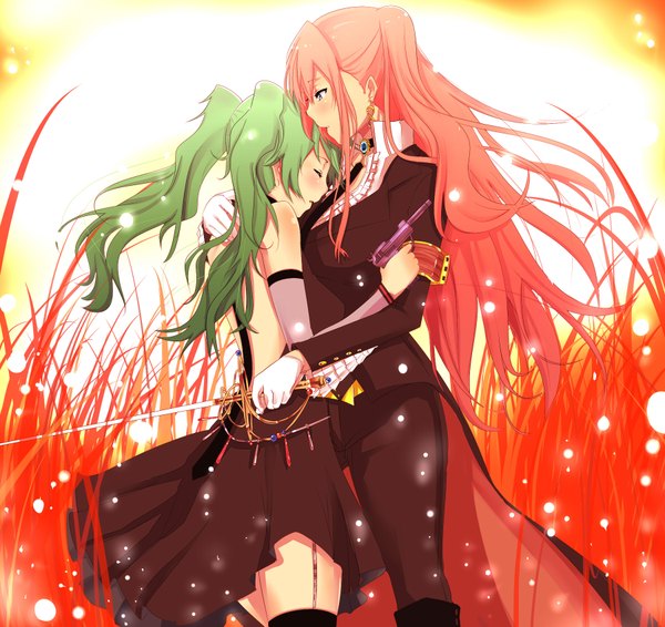 Anime picture 1800x1700 with vocaloid hatsune miku megurine luka nuko (mikupantu) long hair blush highres blue eyes twintails multiple girls pink hair eyes closed green hair hug evening sunset girl thighhighs gloves weapon