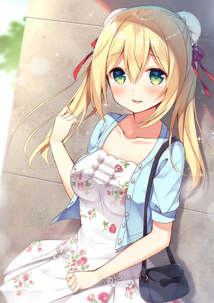 Anime picture 600x847 with original anzu (sumisaki yuzuna) sumisaki yuzuna single long hair tall image looking at viewer blush fringe breasts open mouth blonde hair smile hair between eyes large breasts twintails green eyes payot outdoors wind