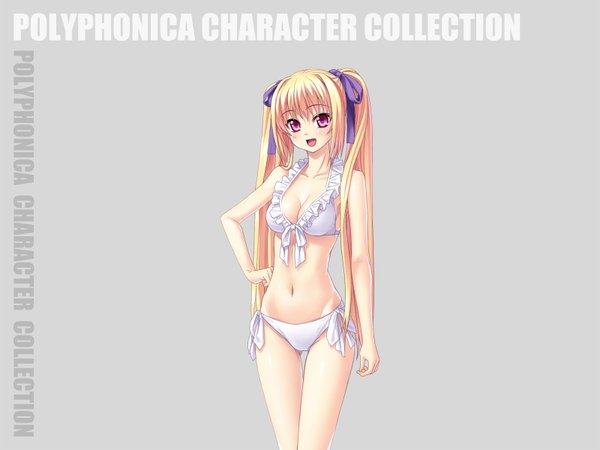 Anime picture 1600x1200 with shinkyoku soukai polyphonica yugiri perserte single long hair open mouth blonde hair simple background twintails pink eyes inscription hand on hip groin girl swimsuit bikini white bikini