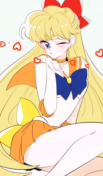 Anime picture 1126x1920 with bishoujo senshi sailor moon toei animation aino minako sailor venus rohriya single long hair tall image looking at viewer blush fringe blue eyes blonde hair sitting one eye closed wink half updo polka dot sailor collar magical girl