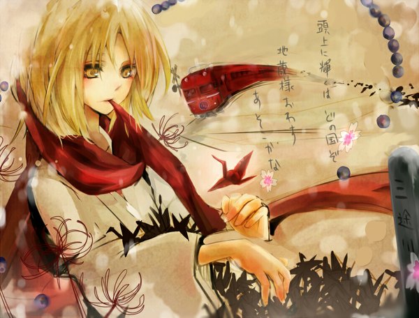 Anime picture 1000x761 with shaman king xebec kyouyama anna single short hair blonde hair yellow eyes traditional clothes japanese clothes hieroglyph girl flower (flowers) kimono scarf train