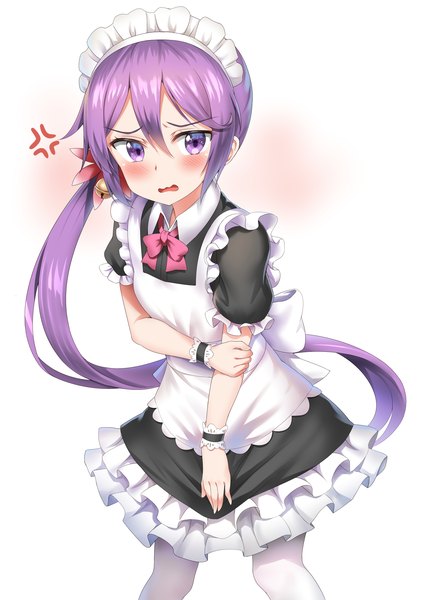 Anime picture 2507x3541 with kantai collection akebono destroyer nedia (nedia region) single long hair tall image blush fringe highres open mouth hair between eyes purple eyes purple hair short sleeves maid side ponytail frilled dress holding arm anger vein girl