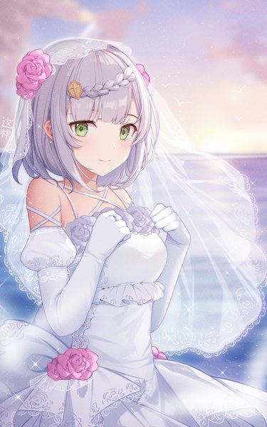 Anime picture 2500x4000 with genshin impact noelle (genshin impact) zx961219 single tall image looking at viewer fringe highres short hair green eyes silver hair upper body light smile horizon girl dress gloves elbow gloves white gloves white dress