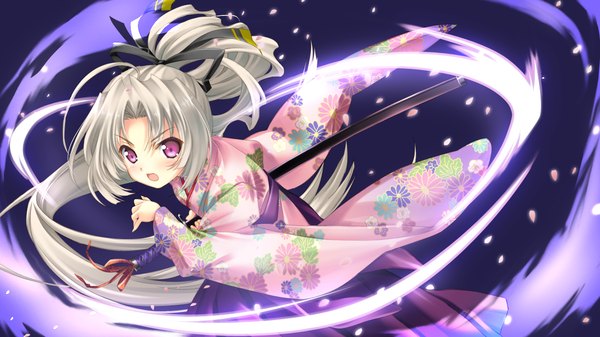 Anime picture 1280x720 with love 2 quad (game) toudou chitose naruse hirofumi long hair open mouth wide image game cg white hair japanese clothes pink eyes loli girl weapon sword kimono katana