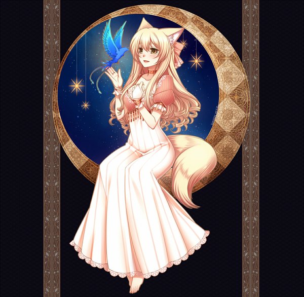 Anime picture 1150x1125 with original konshin long hair blush blonde hair yellow eyes barefoot fox ears fox tail fox girl girl dress animal bird (birds)