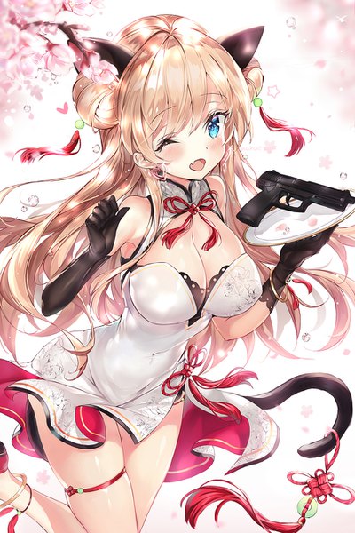 Anime picture 900x1350 with girls frontline mk23 (girls frontline) mk23 (honey flower) (girls frontline) narae single long hair tall image looking at viewer fringe breasts open mouth light erotic blonde hair hair between eyes large breasts standing bare shoulders animal ears payot cleavage