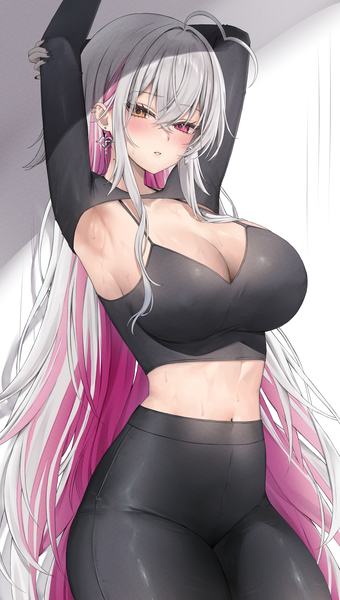 Anime picture 3496x6172 with original vivi (vitaminechan) vitaminechan single tall image looking at viewer blush fringe highres breasts light erotic hair between eyes large breasts yellow eyes absurdres cleavage ahoge white hair very long hair nail polish