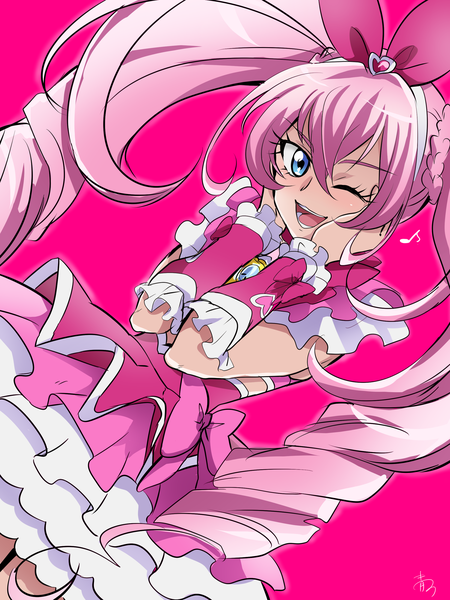 Anime picture 2098x2800 with precure suite precure toei animation houjou hibiki cure melody ao mikan single long hair tall image looking at viewer fringe highres open mouth blue eyes simple background hair between eyes twintails pink hair one eye closed wink
