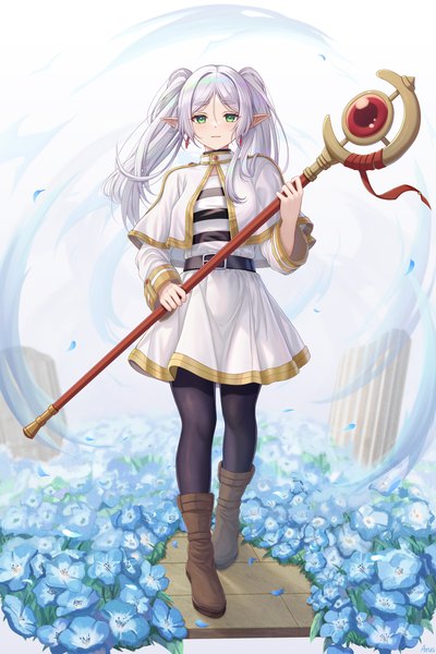 Anime picture 3000x4500 with sousou no frieren frieren arus single long hair tall image looking at viewer highres twintails green eyes silver hair full body pointy ears elf girl flower (flowers) earrings belt knee boots staff