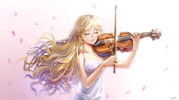 Anime picture 1300x727 with shigatsu wa kimi no uso a-1 pictures miyazono kaori minhoo single long hair fringe blonde hair smile wide image bare shoulders eyes closed hair flower playing instrument girl dress hair ornament flower (flowers) petals white dress