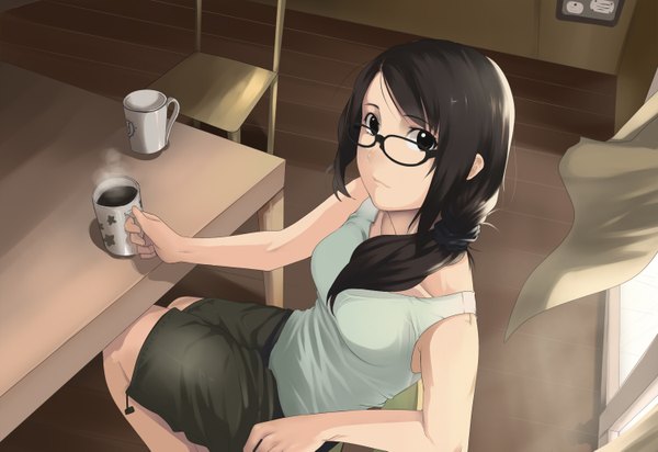 Anime picture 1500x1031 with original kagematsuri single long hair looking at viewer black hair sitting black eyes low ponytail girl glasses mug coffee