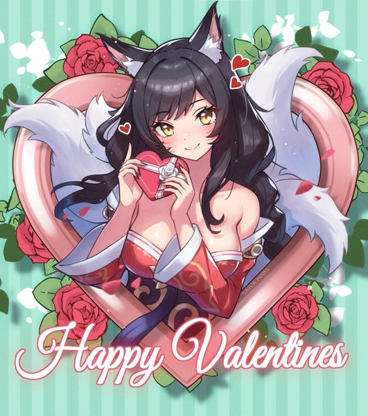 Anime picture 955x1080 with league of legends ahri (league of legends) saylamars single long hair tall image looking at viewer breasts light erotic black hair smile large breasts animal ears yellow eyes upper body tail animal tail fox ears fox tail fox girl