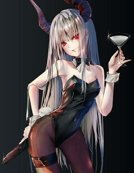Anime picture 790x1024 with original sanamisa single long hair tall image looking at viewer fringe light erotic simple background red eyes standing bare shoulders holding payot silver hair tail animal tail horn (horns) sparkle covered navel