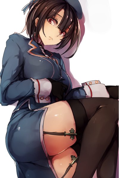 Anime picture 955x1430 with kantai collection takao heavy cruiser kyouya (mukuro238) single tall image looking at viewer short hair light erotic black hair simple background red eyes white background ass girl thighhighs gloves black thighhighs black gloves beret suit