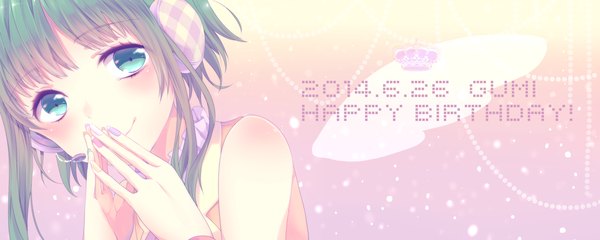 Anime picture 3000x1200 with vocaloid gumi shiki hinako single looking at viewer blush highres short hair smile wide image green eyes green hair happy birthday fingers together girl headphones