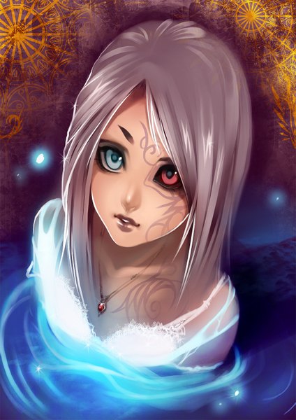 Anime picture 1061x1500 with original yaichino (artist) single tall image short hair grey hair tattoo heterochromia portrait girl pendant