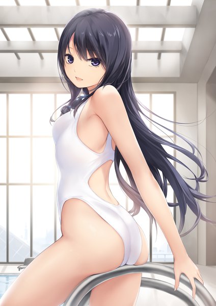 Anime picture 1447x2046 with original shiramine rika coffee-kizoku single long hair tall image looking at viewer fringe breasts open mouth light erotic black hair standing purple eyes ass indoors turning head goggles around neck girl swimsuit