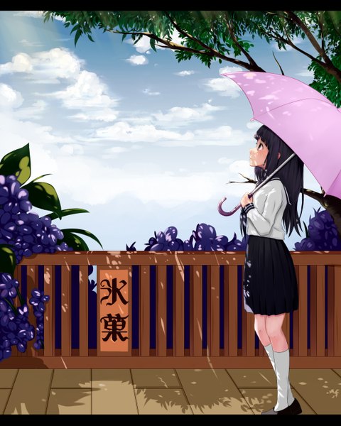 Anime picture 1100x1375 with hyouka kyoto animation chitanda eru single long hair tall image black hair purple eyes profile girl skirt flower (flowers) socks serafuku umbrella white socks