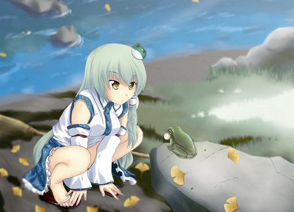 Anime picture 1000x720 with touhou kochiya sanae merusen@aki single long hair yellow eyes looking away full body outdoors green hair girl dress detached sleeves leaf (leaves) hair tubes frog ginkgo