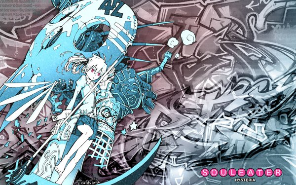 Anime picture 1920x1200 with soul eater studio bones maka albarn okubo atsushi darthtofu single long hair highres wide image twintails white hair pink eyes barefoot copyright name spiked hair girl skirt miniskirt star (symbol) skull