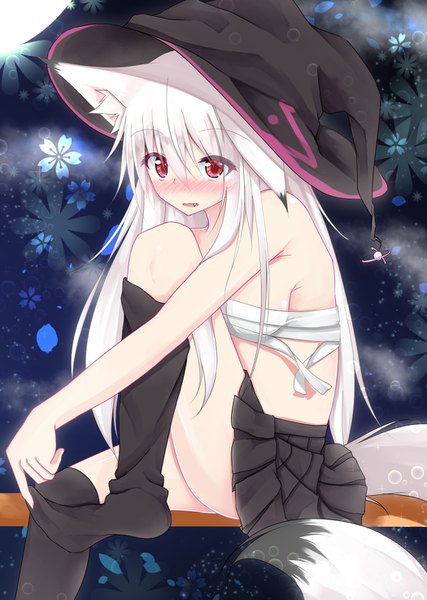 Anime picture 1049x1474 with original masa000010 single long hair tall image looking at viewer blush fringe breasts open mouth light erotic simple background hair between eyes red eyes sitting animal ears white hair tail animal tail pleated skirt