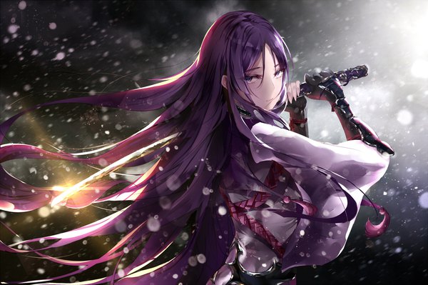 Anime picture 2200x1466 with fate (series) fate/grand order minamoto no raikou (fate) eien no juu nana-sa single long hair looking at viewer highres purple eyes purple hair upper body snowing weapon over shoulder girl weapon sword armor katana tassel gauntlets