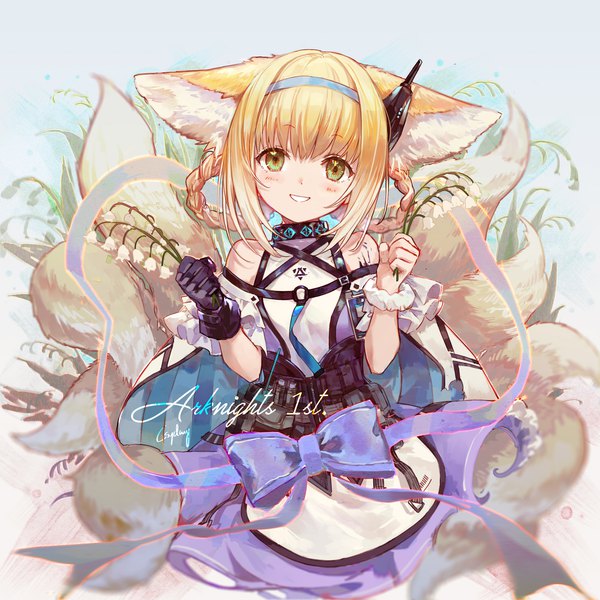 Anime picture 1434x1434 with arknights suzuran (arknights) csyday single looking at viewer fringe short hair smile bare shoulders holding animal ears tail animal tail fox ears grin fox tail fox girl multiple tails hair rings anniversary