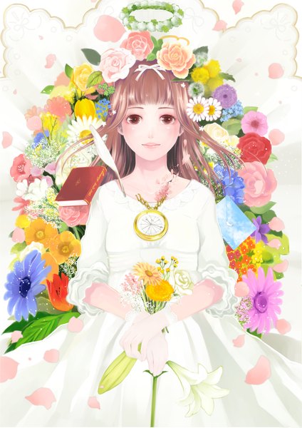 Anime picture 2894x4093 with original ahira yuzu single long hair tall image highres brown hair brown eyes girl dress flower (flowers) petals book (books) clock pocket watch