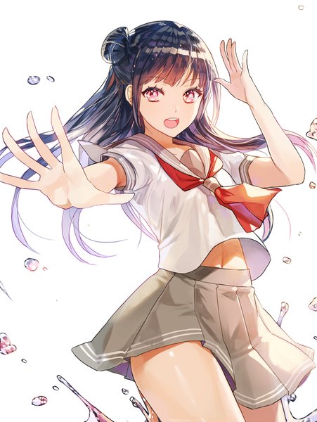 Anime picture 800x1064 with love live! sunshine!! sunrise (studio) love live! tsushima yoshiko kim eb single long hair tall image fringe open mouth simple background standing white background looking away purple hair blunt bangs pleated skirt pink eyes teeth bare belly