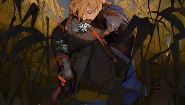 Anime picture 2048x1166 with fire emblem fire emblem: three houses nintendo dimitri alexandre blaiddyd xinee0910 single fringe highres short hair blonde hair hair between eyes wide image sitting outdoors eyes closed boy flower (flowers) leaf (leaves) daisy