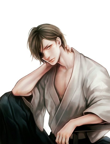 Anime picture 800x1045 with sengoku basara production i.g date masamune ttr (artist) single tall image looking at viewer short hair simple background brown hair white background sitting brown eyes traditional clothes boy eyepatch