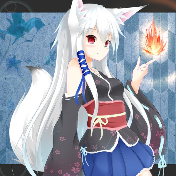 Anime picture 1250x1254 with original masa000010 single long hair tall image fringe simple background smile hair between eyes red eyes animal ears looking away white hair tail animal tail pleated skirt light smile wide sleeves fang (fangs) fox ears