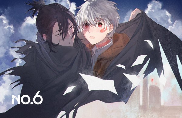 Anime picture 1851x1200 with no.6 studio bones nezumi (no.6) shion (no.6) zxs1103 fringe highres short hair open mouth black hair hair between eyes red eyes sky silver hair cloud (clouds) upper body ponytail multiple boys copyright name facial mark