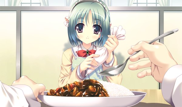 Anime picture 1024x600 with houkago kitchen short hair wide image purple eyes game cg ahoge green hair girl uniform school uniform food hairband