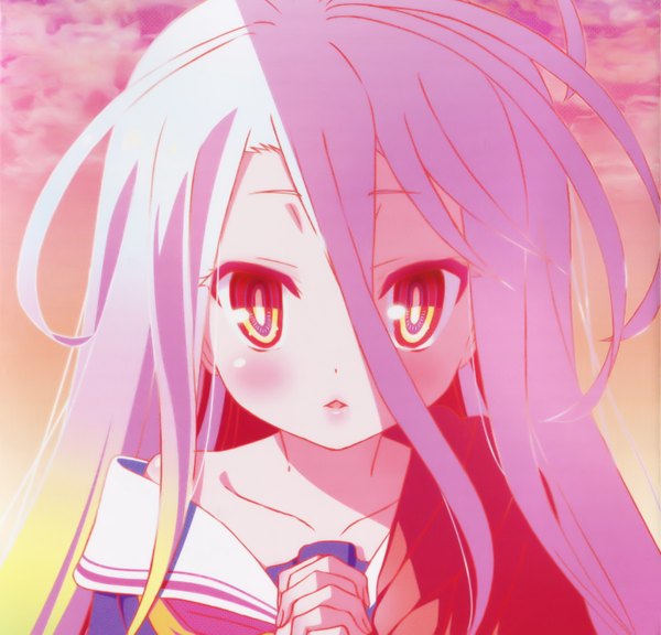 Anime picture 2811x2703 with no game no life madhouse shiro (no game no life) single long hair looking at viewer blush highres open mouth hair between eyes yellow eyes white hair scan official art loli face girl