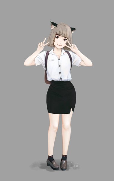 Anime-Bild 1299x2048 mit original hana (jubi) jubi (regiana) single tall image looking at viewer fringe short hair simple background smile brown hair standing brown eyes signed animal ears full body blunt bangs cat ears grey background arms up