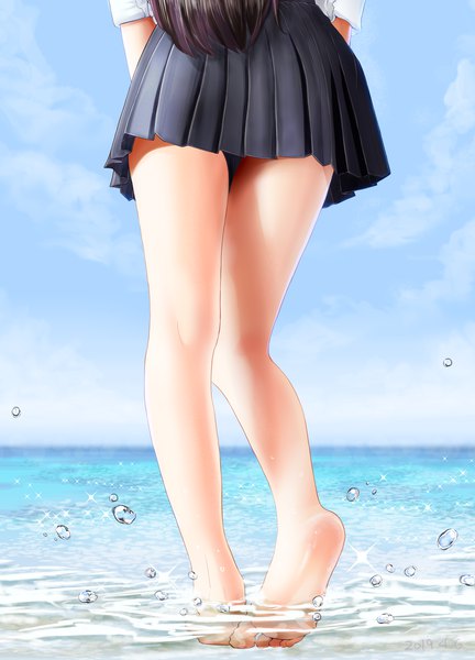 Anime picture 1591x2210 with original fluno single long hair tall image light erotic black hair standing sky cloud (clouds) bent knee (knees) pleated skirt barefoot bare legs shadow legs partially submerged dated horizon head out of frame