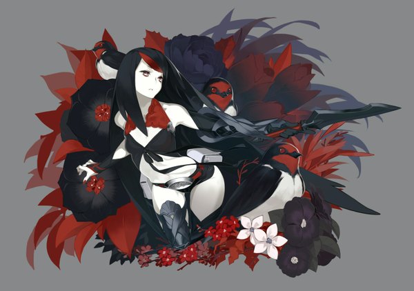 Anime picture 1500x1056 with original 92m single long hair black hair red eyes cleavage grey background girl thighhighs flower (flowers) weapon plant (plants) animal sword bird (birds)