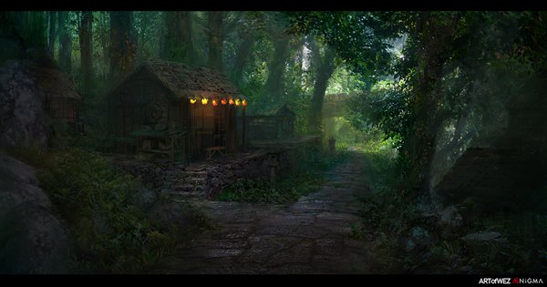 Anime picture 1368x720 with original wez wide image signed letterboxed no people landscape scenic plant (plants) tree (trees) building (buildings) grass forest lantern stairs house chinese lantern